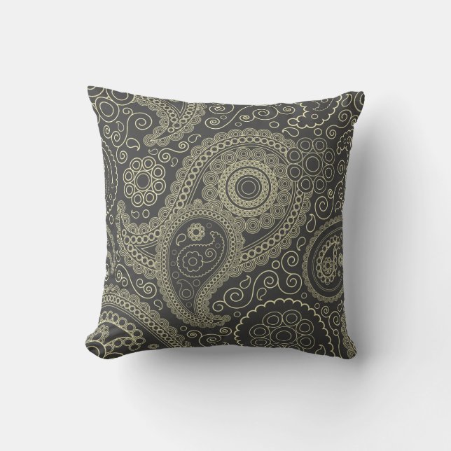 Black and Gold Delicate Ornate Paisley Cushion (Front)