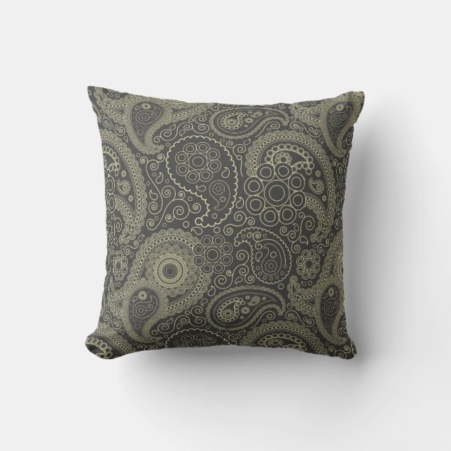Black and Gold Delicate Ornate Paisley Cushion (Front)