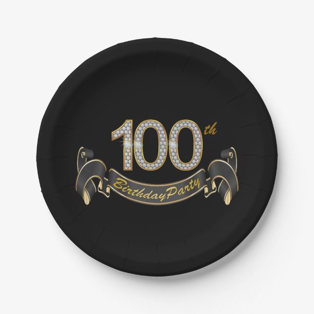 Black and Gold Diamond 100th Birthday Party Paper Plate (Front)