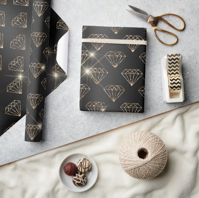 Black And Gold Diamond Elegant Wedding Engagement Wrapping Paper (Crafts)