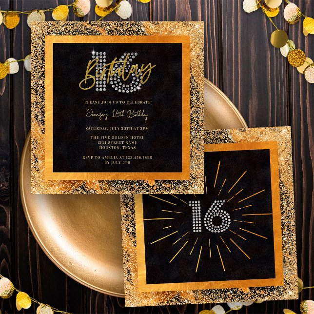 Black and Gold Diamond Glitter 16th Birthday Party Invitation (Front / Back)