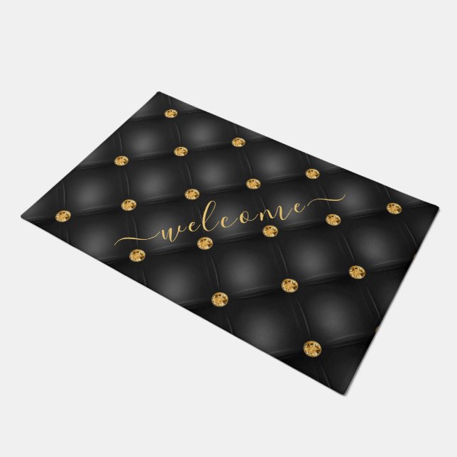 Black and Gold Diamond Tufted Doormat Text Welcome (Angled)