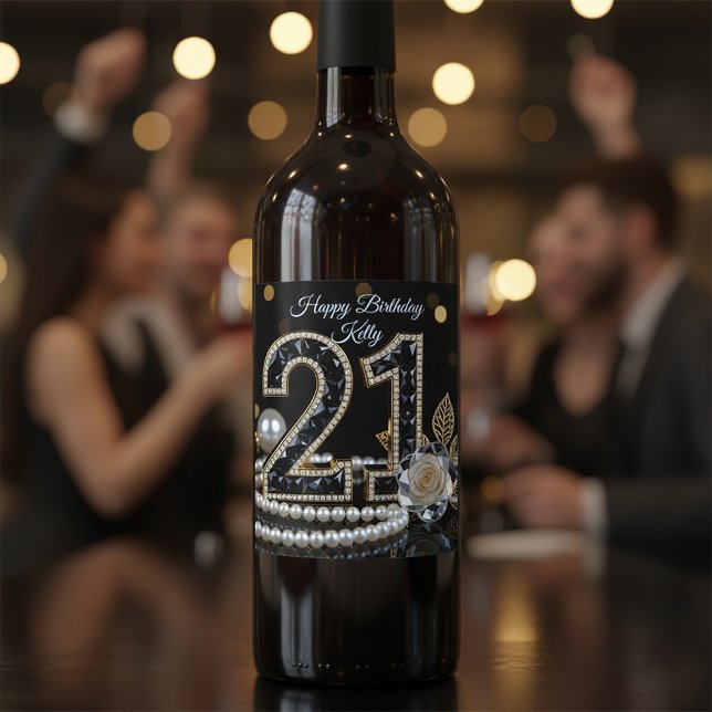 Black and Gold Diamond White Rose 21st Birthday Wine Label (Creator Uploaded)