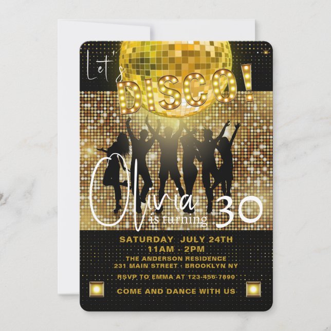 Black and Gold Disco Any Age Birthday Party Invitation (Front)