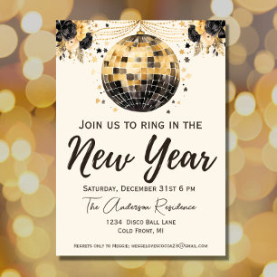 Black and Gold Disco Ball New Year's Eve Party Invitation