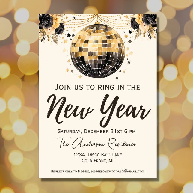 Black and Gold Disco Ball New Year's Eve Party Invitation (Creator Uploaded)