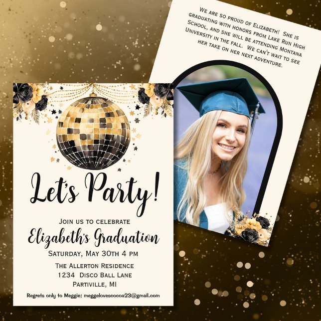 Black and Gold Disco Ball Photo Graduation Party Invitation (Creator Uploaded)