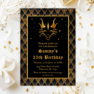 Black and Gold Dragon Scales Faux Glitter Birthday Invitation