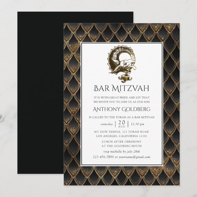 Black and Gold Dragon themed Bar Mitzvah Invitation (Front/Back)
