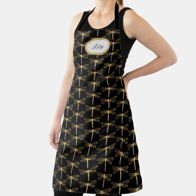 Black and Gold Dragonfly Pattern Apron (Insitu)