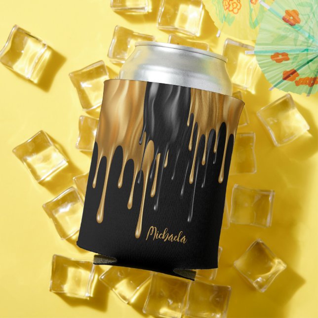 Black and Gold Dripping Paint Personalised   Can Cooler (In Situ Summer)