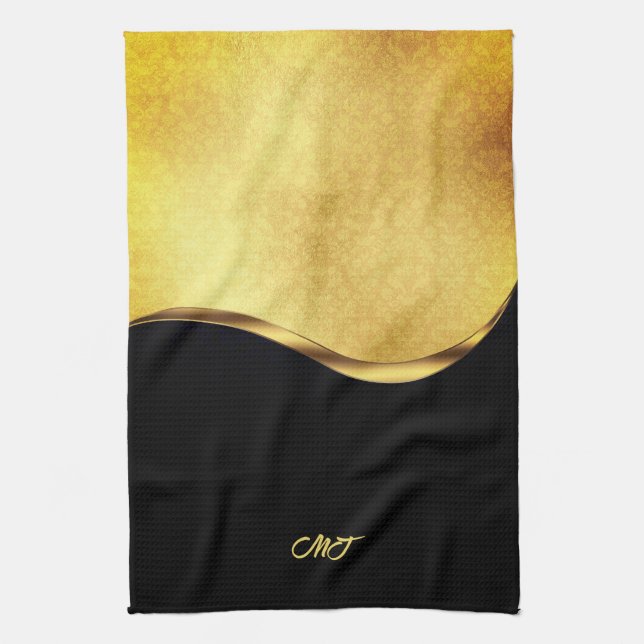 Black and Gold Dynamic Stripe Tea Towel (Vertical)