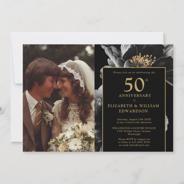 Black And Gold Elegant 50th Anniversary Photo Invitation (Front)