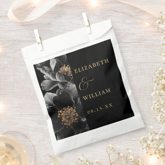 Black And Gold Elegant Botanical Floral Wedding Favour Bag (Clipped)