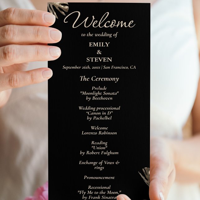Black and gold elegant Botanical  Wedding Program (Creator Uploaded)