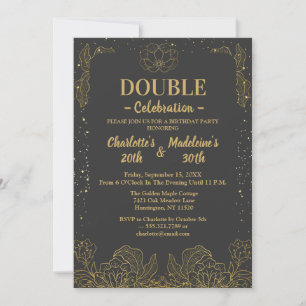 Black and Gold Elegant Botanicals  Joint Birthday Invitation