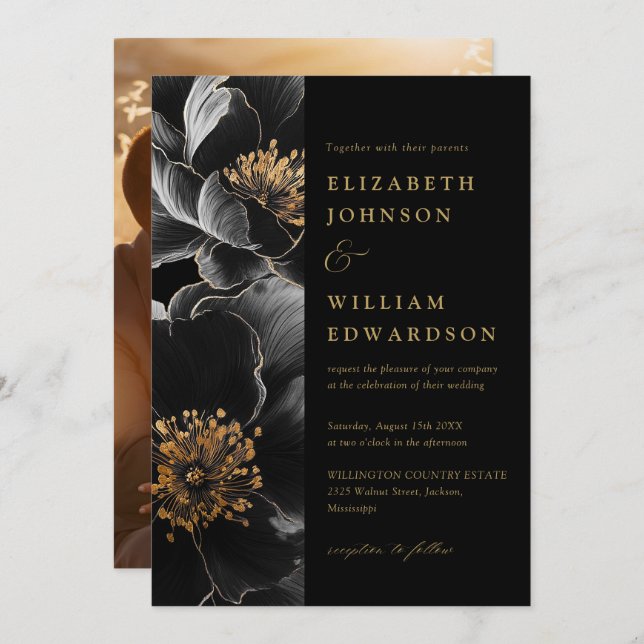 Black And Gold Elegant Chic Floral Photo Wedding Invitation (Front/Back)