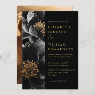 Black And Gold Elegant Chic Floral Photo Wedding Invitation