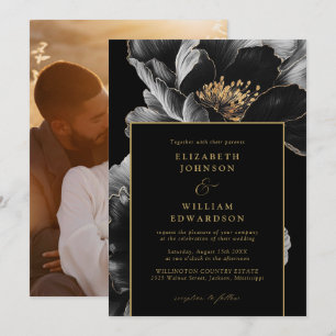 Black And Gold Elegant Chic Floral Photo Wedding Invitation