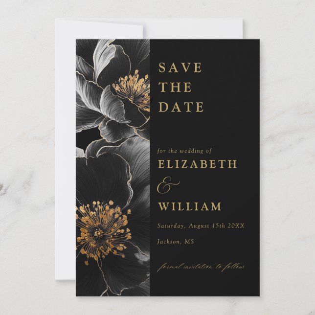 Black And Gold Elegant Chic Floral Wedding Save The Date (Front)