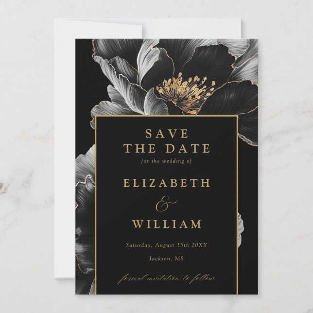Black And Gold Elegant Chic Floral Wedding Save The Date (Front)