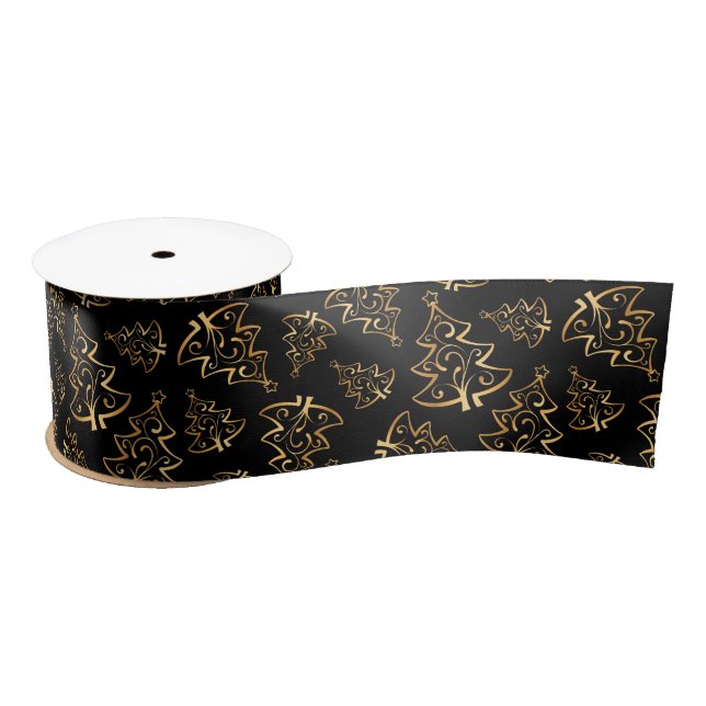 Black and Gold Elegant Christmas Trees Satin Ribbon (Spool)