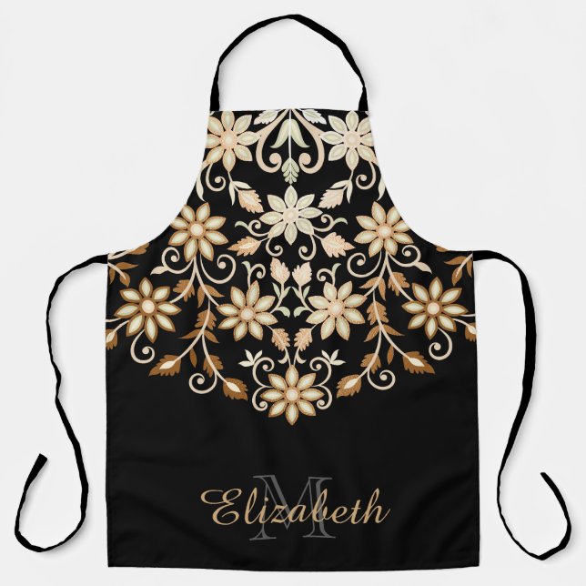 Black and Gold Elegant Floral Apron (Front)