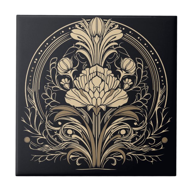 Black and Gold Elegant Floral Art Deco Ceramic Tile (Front)