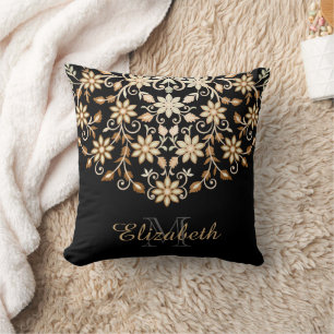 Black and Gold Elegant Floral Cushion