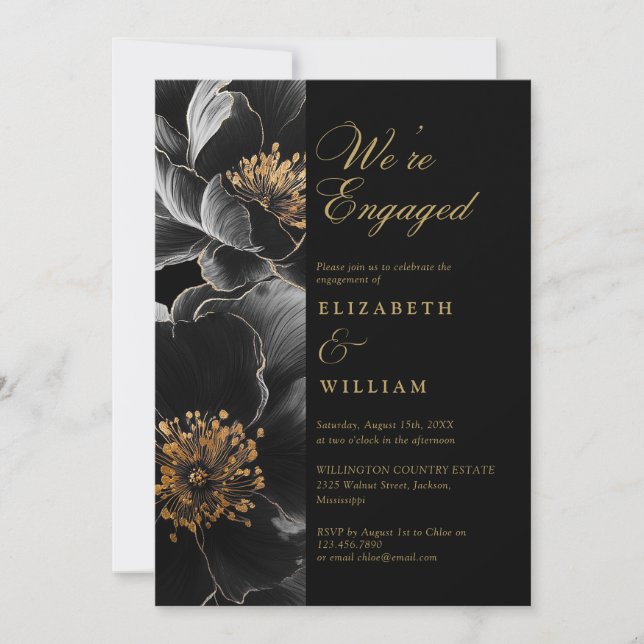 Black And Gold Elegant Floral Engagement Party Invitation (Front)