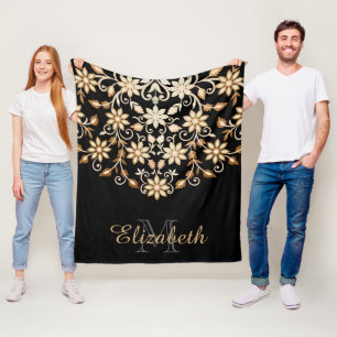 Black and Gold Elegant Floral Fleece Blanket
