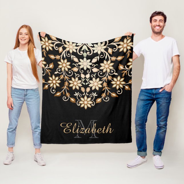 Black and Gold Elegant Floral Fleece Blanket (In Situ)