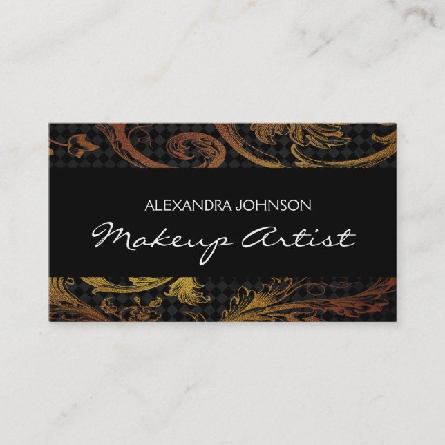 Black and Gold Elegant Floral Foil Makeup Artist Business Card (Front)