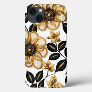 Black and Gold Elegant Floral Pattern Flowers iPhone 13 Case