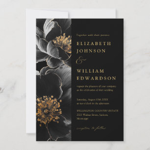 Black And Gold Elegant Floral QR Code Wedding Invitation