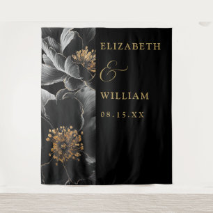 Black And Gold Elegant Floral Wedding Backdrop Tapestry