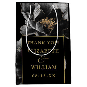 Black And Gold Elegant Floral Wedding Thank You Medium Gift Bag