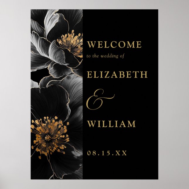 Black And Gold Elegant Floral Wedding Welcome Sign (Front)