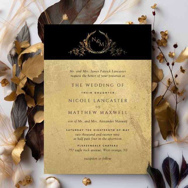 Black and Gold Elegant Formal Monogram Wedding Invitation (Creator Uploaded)