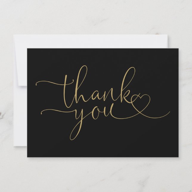 Black And Gold Elegant Heart Script Thank You Card (Front)