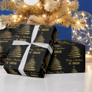 Black And Gold Elegant Merry Christmas Tree Name Wrapping Paper