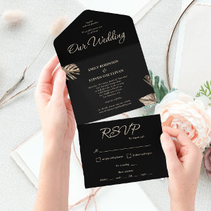 Black and Gold Elegant Minimal Botanical Wedding All In One Invitation