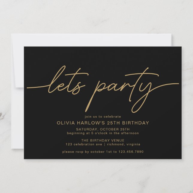 Black and Gold | Elegant Modern Birthday Party Invitation (Front)
