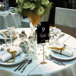 Black and Gold Elegant Modern Botanical Wedding Table Number