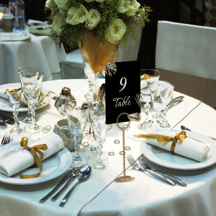 Black and Gold Elegant Modern Botanical Wedding Table Number