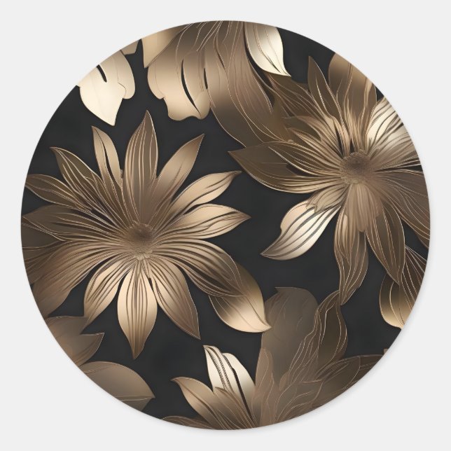 Black and Gold Elegant  Modern Floral Classic Round Sticker (Front)