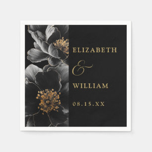 Black And Gold Elegant Modern Floral Wedding Napkin