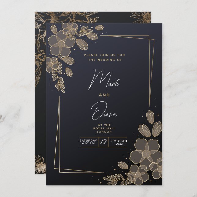 Black and Gold Elegant Modern Wedding Invitation (Front/Back)