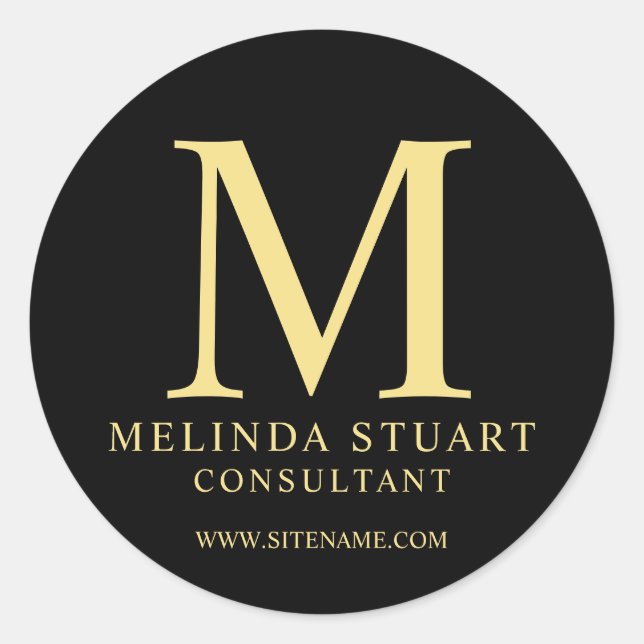 Black and Gold Elegant Monogram Business Classic Round Sticker (Front)