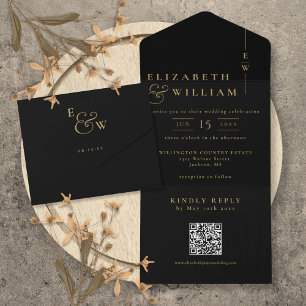Black And Gold Elegant Monogram QR Code Wedding All In One Invitation